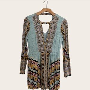 Free People Mint Patterned Keyhole Long Sleeve Dress